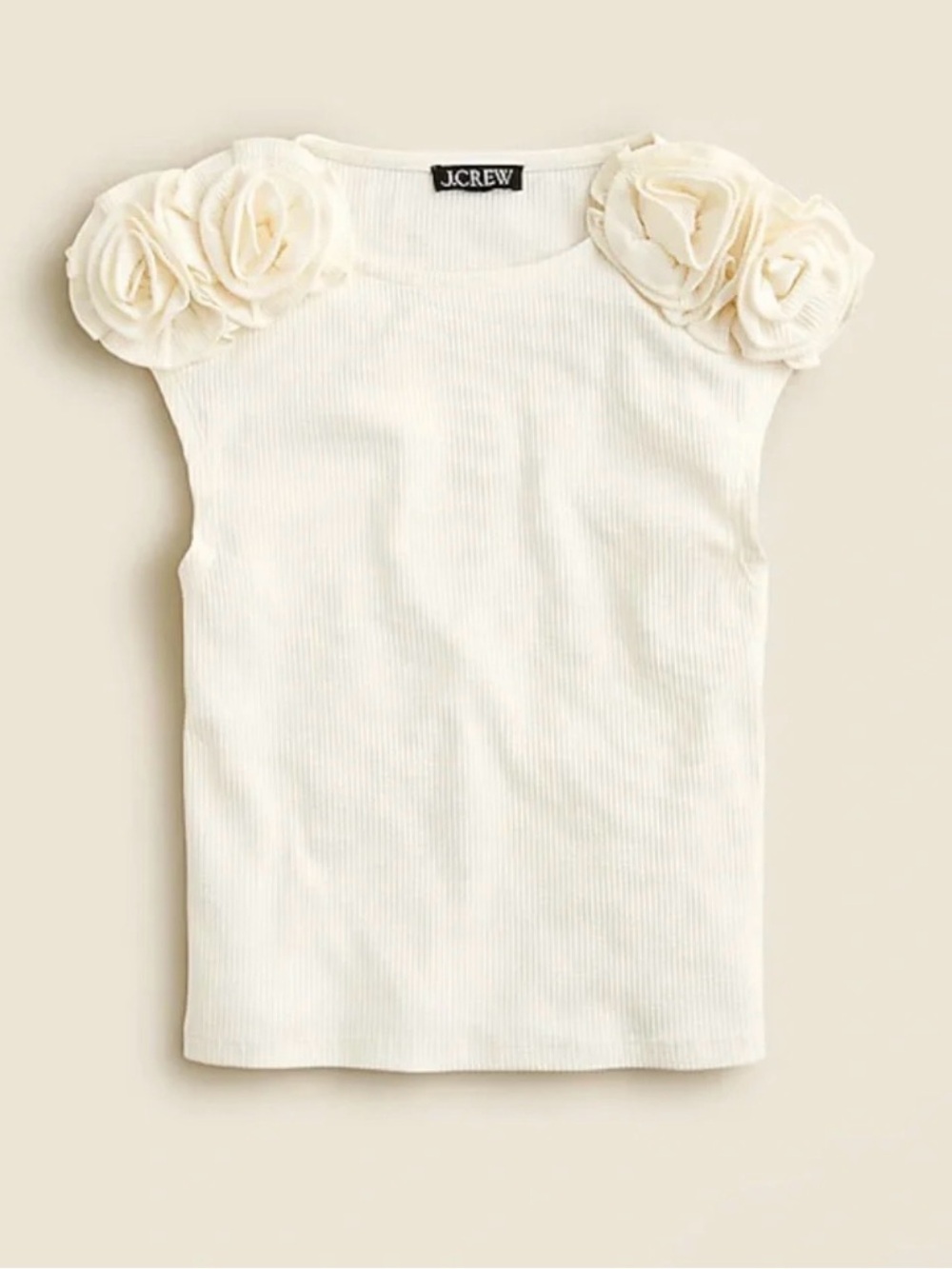 JCREW Rosette Shoulder Rib Knit Top Ivory Floral Applique
